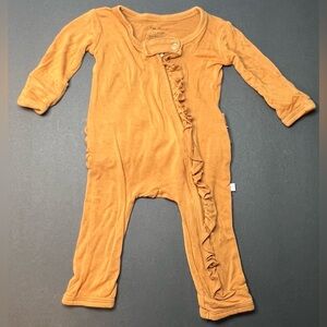 Posh peanut Tan ruffle butt metal zipper one piece 0-3 GUC